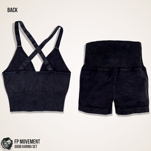 FP MOVEMENT GOOD KARMA CROP TANK BRA + RUNNING SHORTS IN WASHED BLACK XS/S M/L - Picture 6 of 16